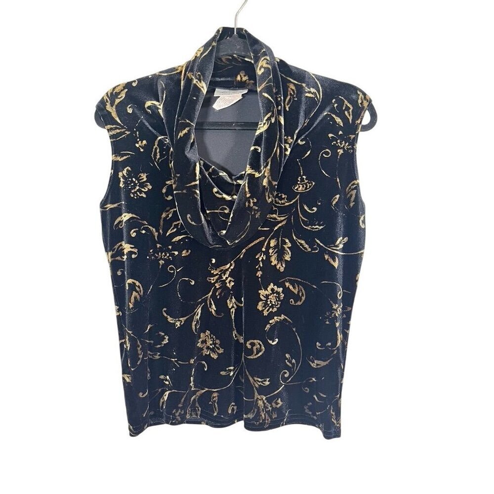 Retro Floral Metallic Cowl Top M Black Classic Chic Glam Boho Western Hippie 80s